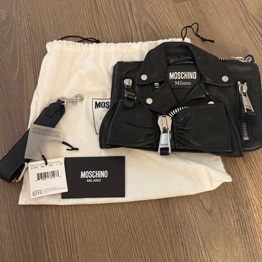 Moschino black leather biker bag clutch with silver hardware